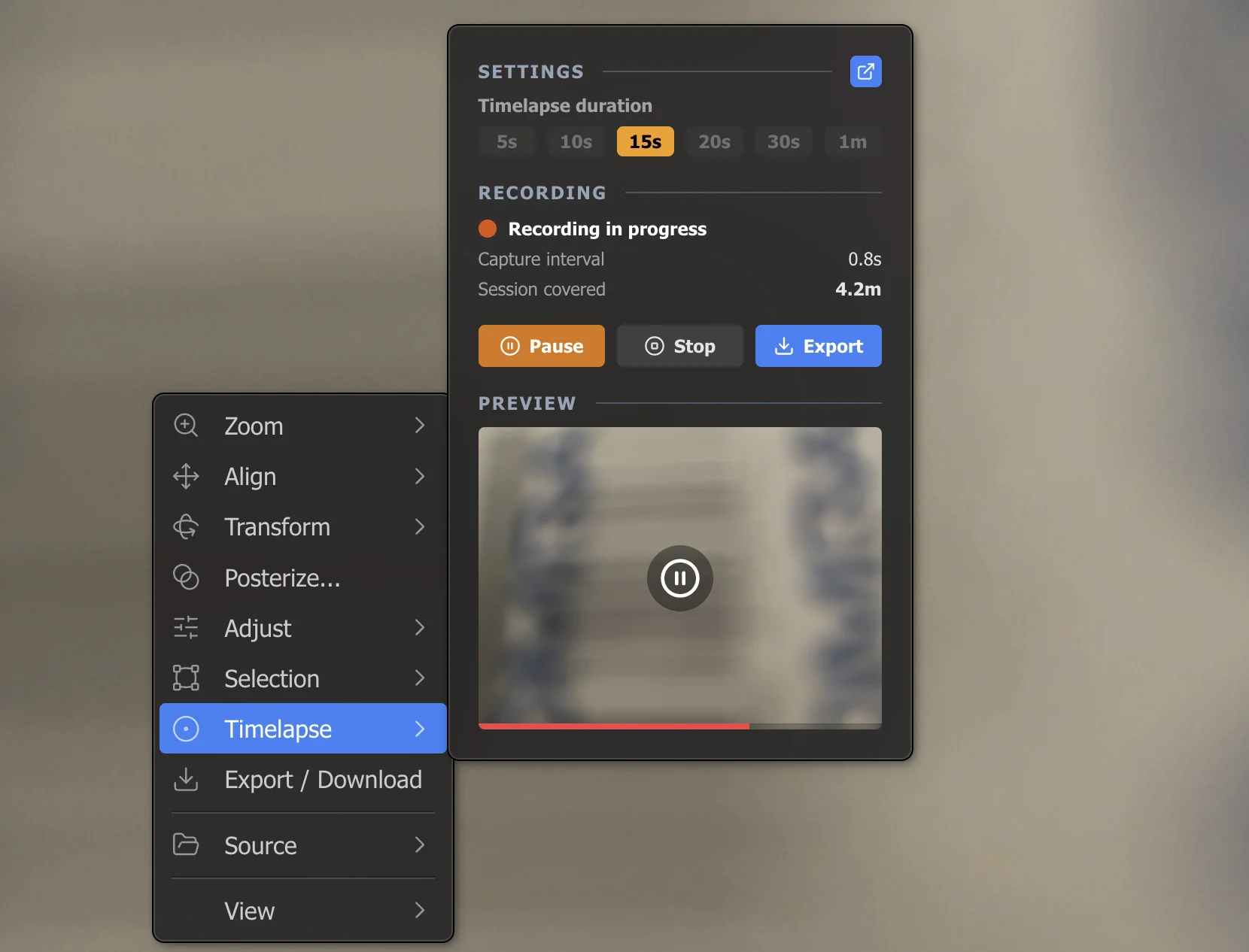 Timelapse recording panel